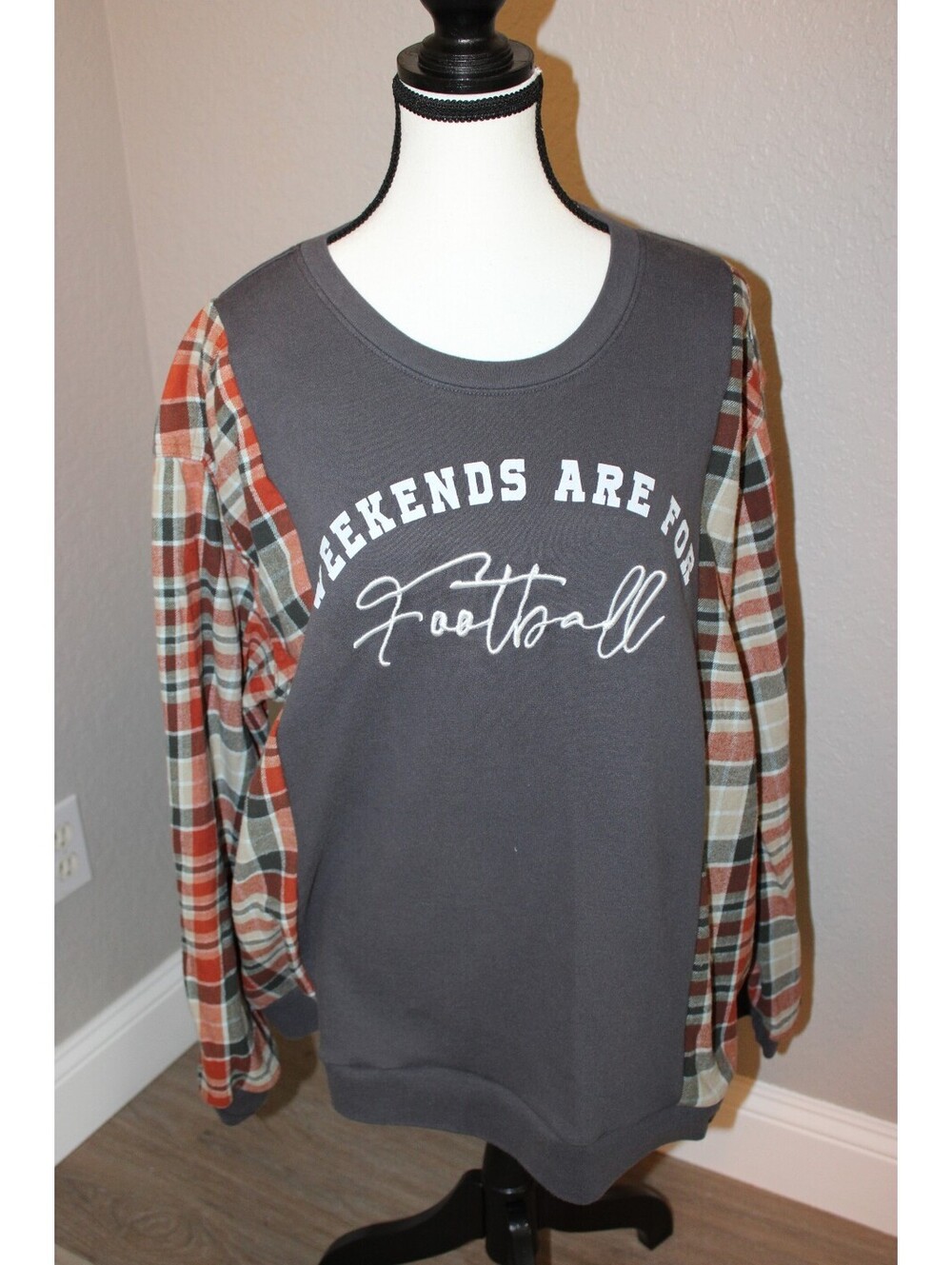 Women's Casual Sweatshirt with Plaid Sleeves 'Weekends Are For Football' Graphic
